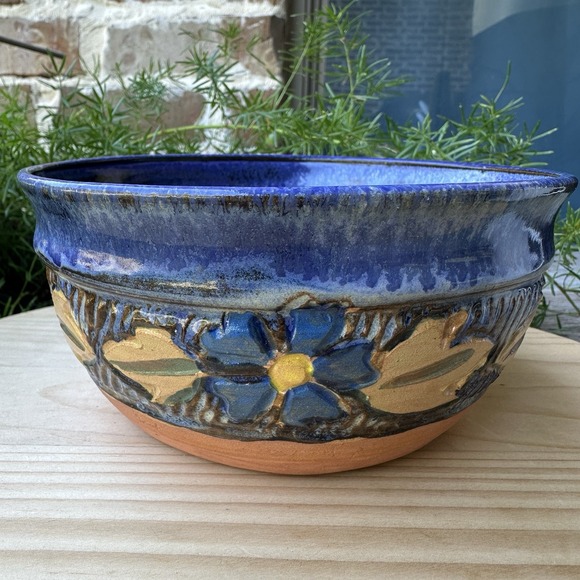 VTG Old River Run Pottery Bowl 5 7/8" Blue Floral Leaves Motif Signed Zaharis - Picture 6 of 11